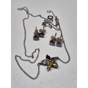 Vintage Multicolor Crystals Rhinestone Flower Necklace and Earrings Sterling